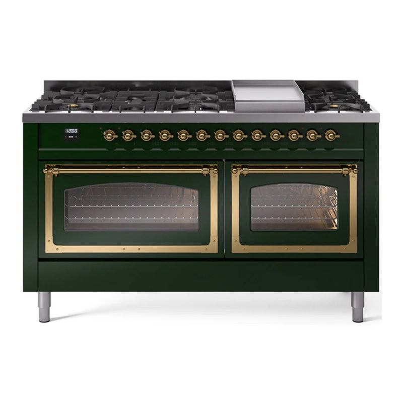 ILVE Nostalgie II Noblesse 60" Dual Fuel Freestanding Range in Emerald Green with Brass Trim, UN60FNMPEGG