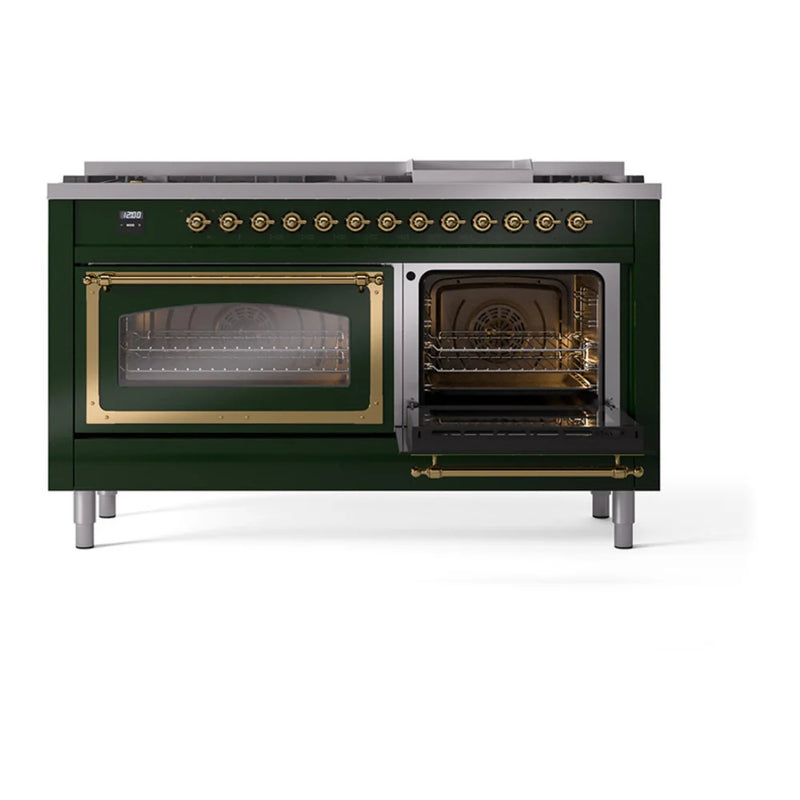 ILVE Nostalgie II Noblesse 60" Dual Fuel Freestanding Range in Emerald Green with Brass Trim, UN60FNMPEGG