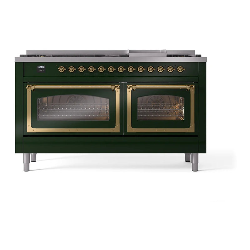 ILVE Nostalgie II Noblesse 60" Dual Fuel Freestanding Range in Emerald Green with Brass Trim, UN60FNMPEGG