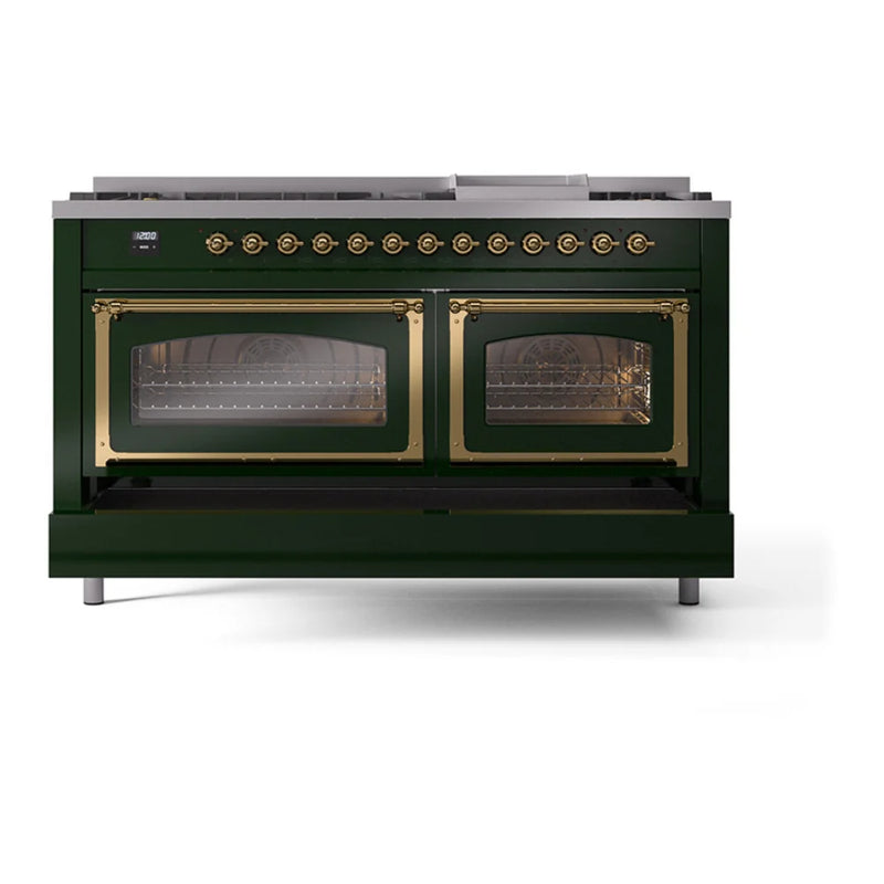 ILVE Nostalgie II Noblesse 60" Dual Fuel Freestanding Range in Emerald Green with Brass Trim, UN60FNMPEGG