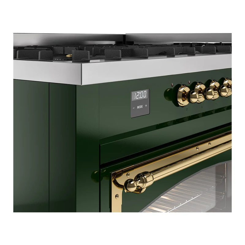 ILVE Nostalgie II Noblesse 60" Dual Fuel Freestanding Range in Emerald Green with Brass Trim, UN60FNMPEGG