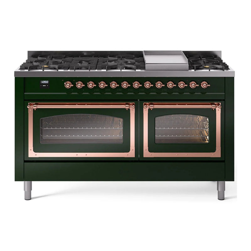ILVE Nostalgie II Noblesse 60" Dual Fuel Freestanding Range in Emerald Green with Copper Trim, UN60FNMPEGP
