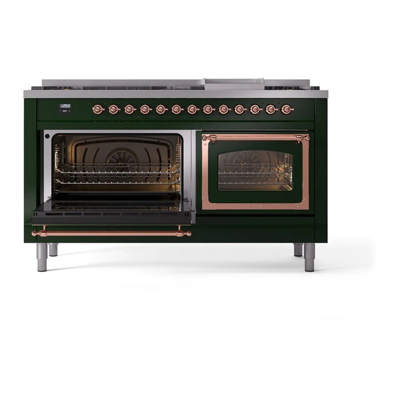 ILVE Nostalgie II Noblesse 60" Dual Fuel Freestanding Range in Emerald Green with Copper Trim, UN60FNMPEGP