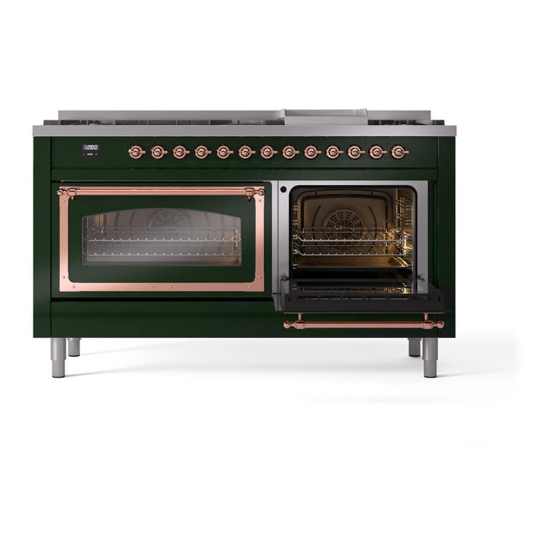 ILVE Nostalgie II Noblesse 60" Dual Fuel Freestanding Range in Emerald Green with Copper Trim, UN60FNMPEGP