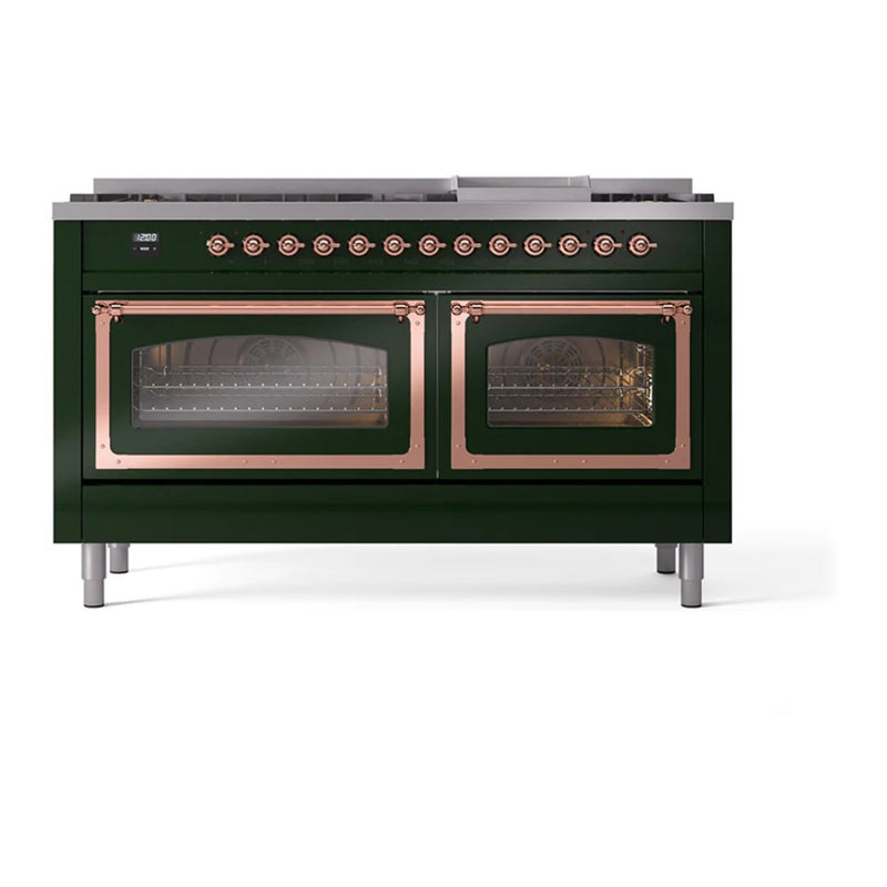 ILVE Nostalgie II Noblesse 60" Dual Fuel Freestanding Range in Emerald Green with Copper Trim, UN60FNMPEGP