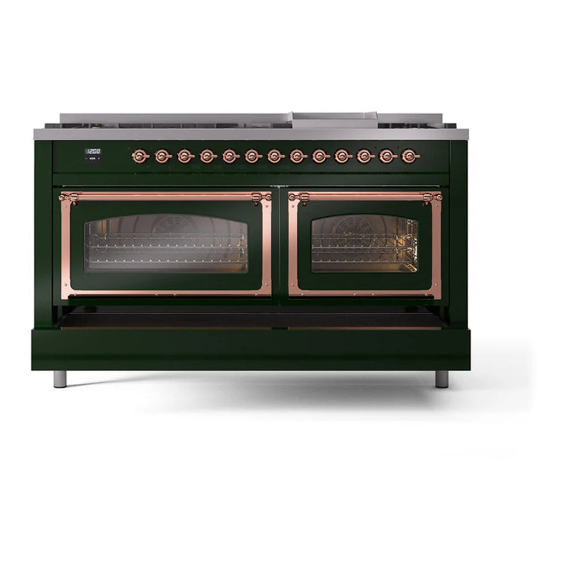 ILVE Nostalgie II Noblesse 60" Dual Fuel Freestanding Range in Emerald Green with Copper Trim, UN60FNMPEGP
