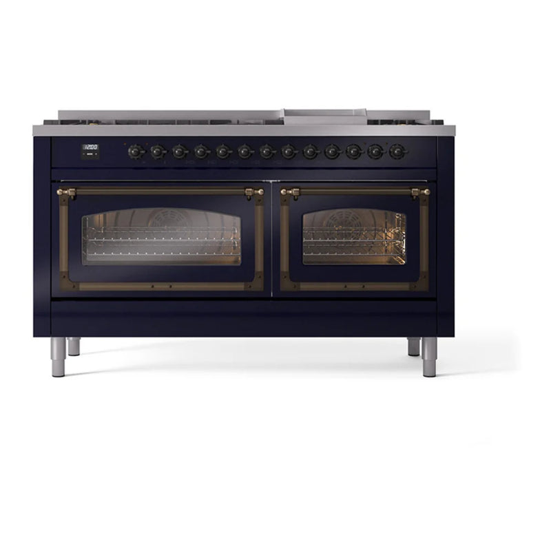 ILVE Nostalgie II Noblesse 60" Dual Fuel Freestanding Range in Midnight Blue with Burnished Trim, UN60FNMPMBBLP