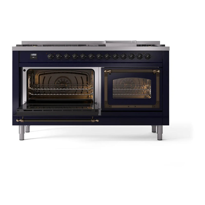 ILVE Nostalgie II Noblesse 60" Dual Fuel Freestanding Range in Midnight Blue with Burnished Trim, UN60FNMPMBB