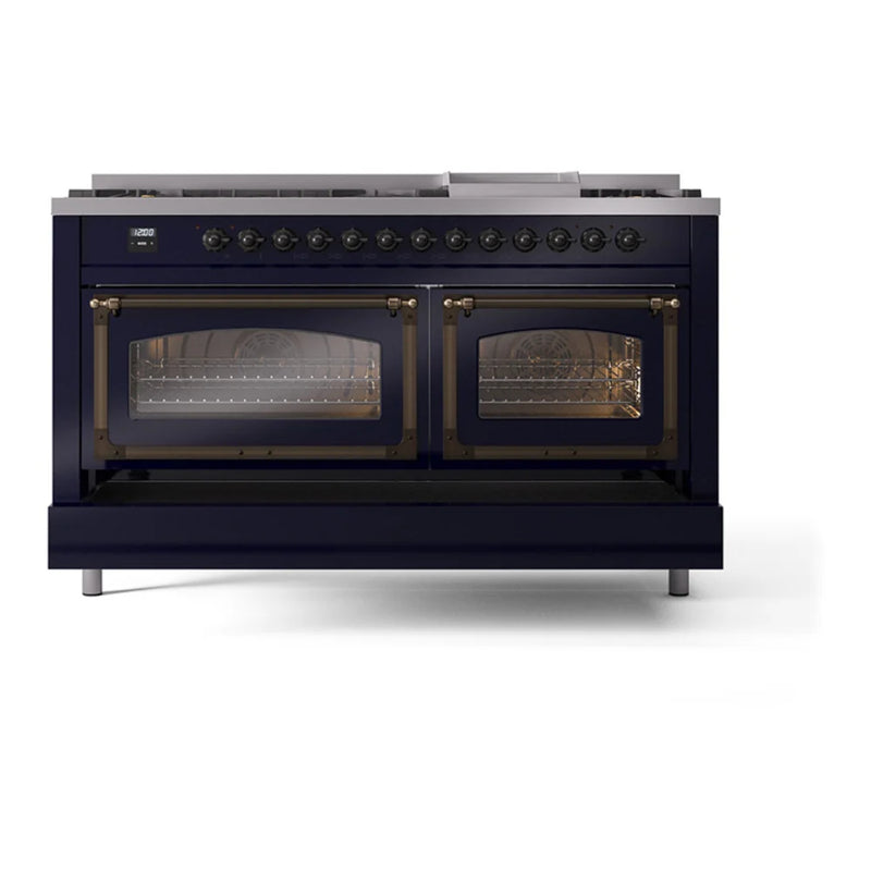 ILVE Nostalgie II Noblesse 60" Dual Fuel Freestanding Range in Midnight Blue with Burnished Trim, UN60FNMPMBB