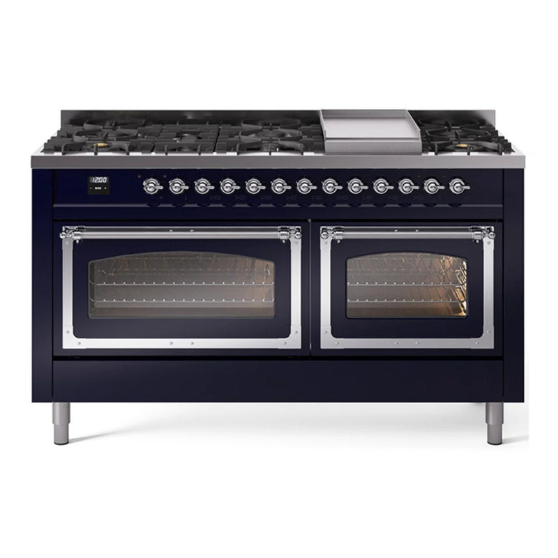 ILVE Nostalgie II Noblesse 60" Dual Fuel Freestanding Range in Midnight Blue with Chrome Trim, UN60FNMPMBCLP