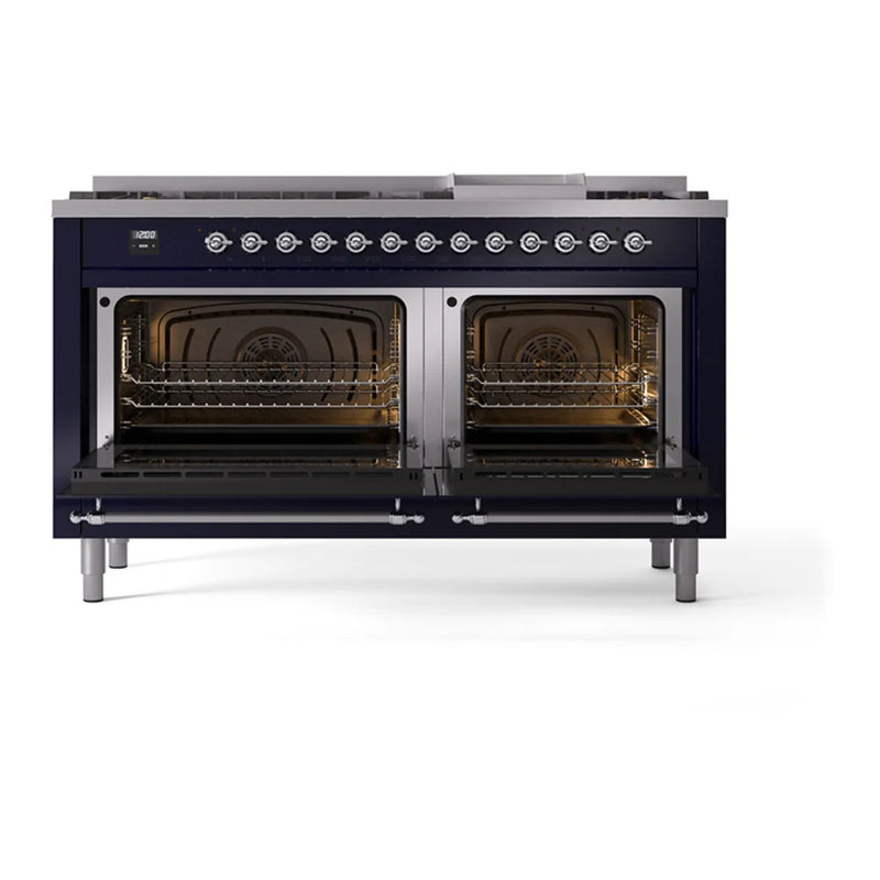 ILVE Nostalgie II Noblesse 60" Dual Fuel Freestanding Range in Midnight Blue with Chrome Trim, UN60FNMPMBCLP