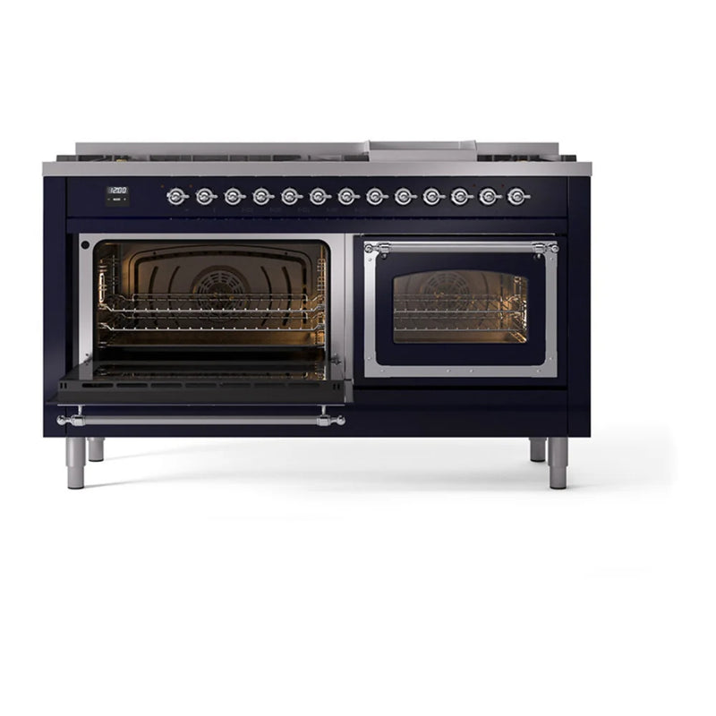 ILVE Nostalgie II Noblesse 60" Dual Fuel Freestanding Range in Midnight Blue with Chrome Trim, UN60FNMPMBC