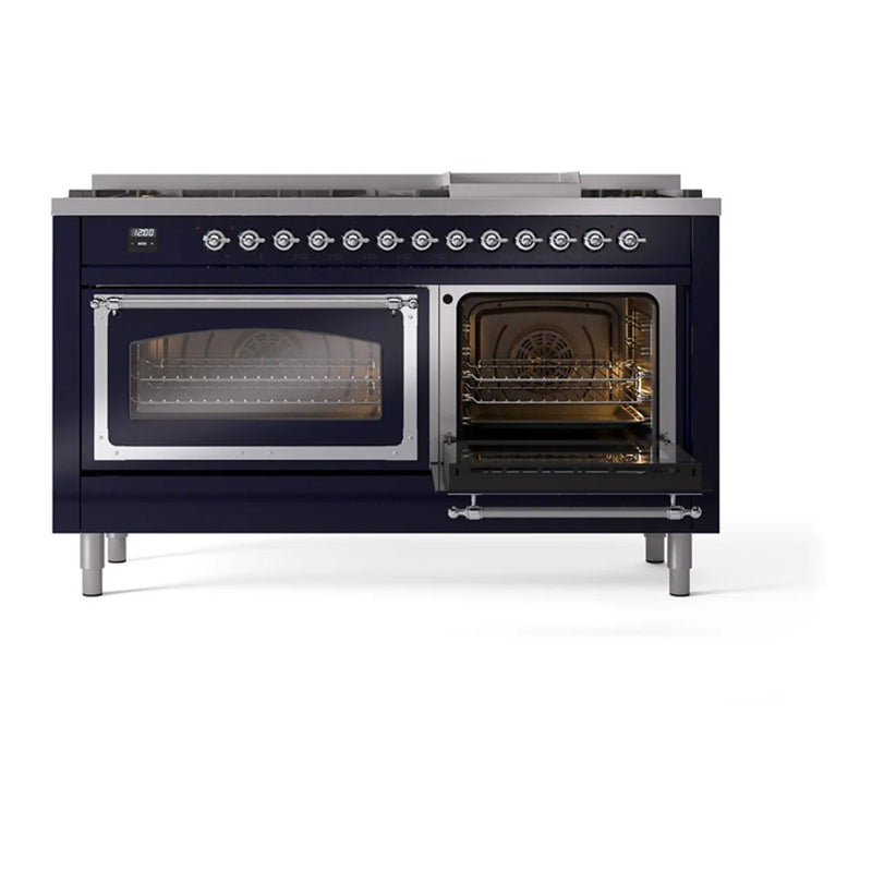ILVE Nostalgie II Noblesse 60" Dual Fuel Freestanding Range in Midnight Blue with Chrome Trim, UN60FNMPMBC