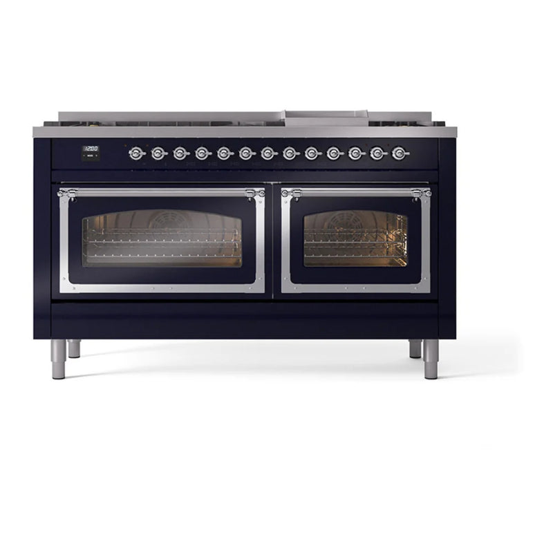 ILVE Nostalgie II Noblesse 60" Dual Fuel Freestanding Range in Midnight Blue with Chrome Trim, UN60FNMPMBC