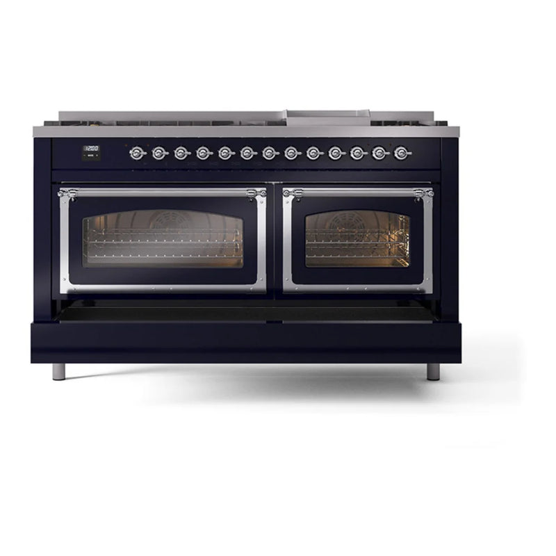 ILVE Nostalgie II Noblesse 60" Dual Fuel Freestanding Range in Midnight Blue with Chrome Trim, UN60FNMPMBC