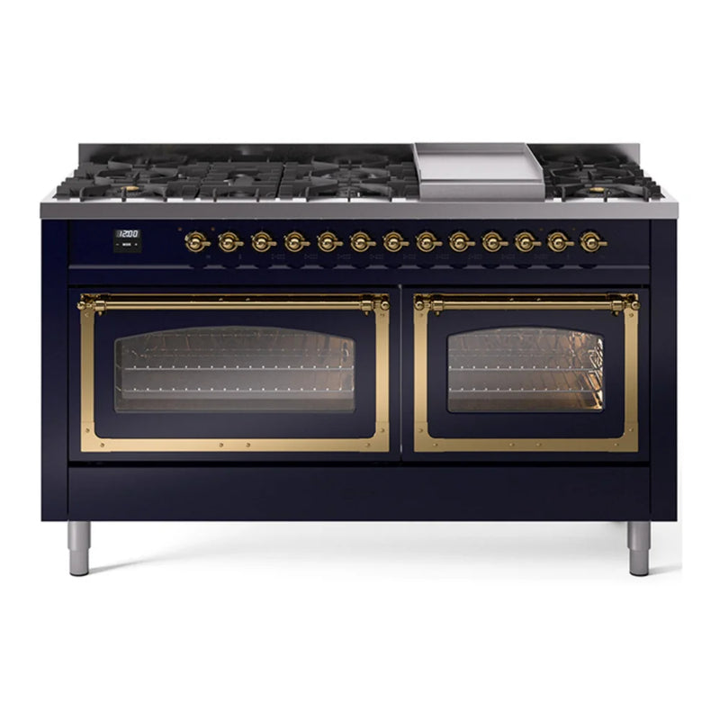 ILVE Nostalgie II Noblesse 60" Dual Fuel Freestanding Range in Midnight Blue with Brass Trim, UN60FNMPMBGLP