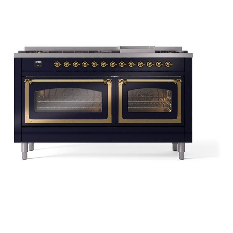 ILVE Nostalgie II Noblesse 60" Dual Fuel Freestanding Range in Midnight Blue with Brass Trim, UN60FNMPMBGLP