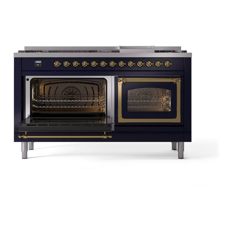 ILVE Nostalgie II Noblesse 60" Dual Fuel Freestanding Range in Midnight Blue with Brass Trim, UN60FNMPMBG
