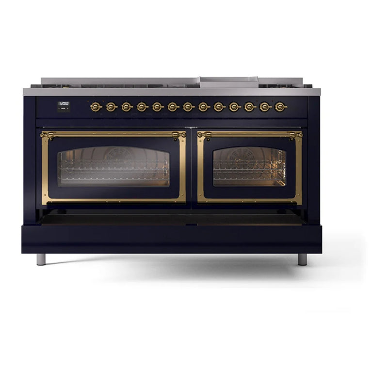 ILVE Nostalgie II Noblesse 60" Dual Fuel Freestanding Range in Midnight Blue with Brass Trim, UN60FNMPMBG