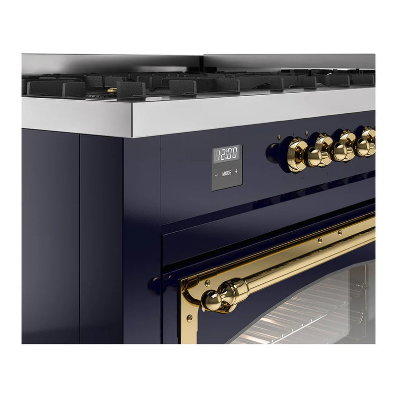ILVE Nostalgie II Noblesse 60" Dual Fuel Freestanding Range in Midnight Blue with Brass Trim, UN60FNMPMBG