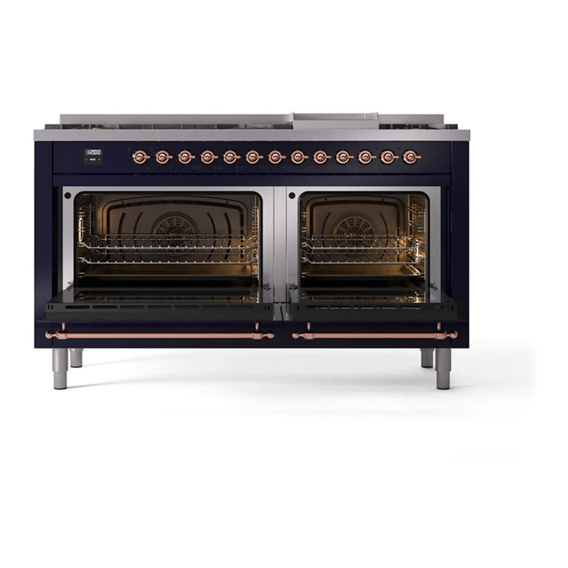 ILVE Nostalgie II Noblesse 60" Dual Fuel Freestanding Range in Midnight Blue with Copper Trim, UN60FNMPMBPLP