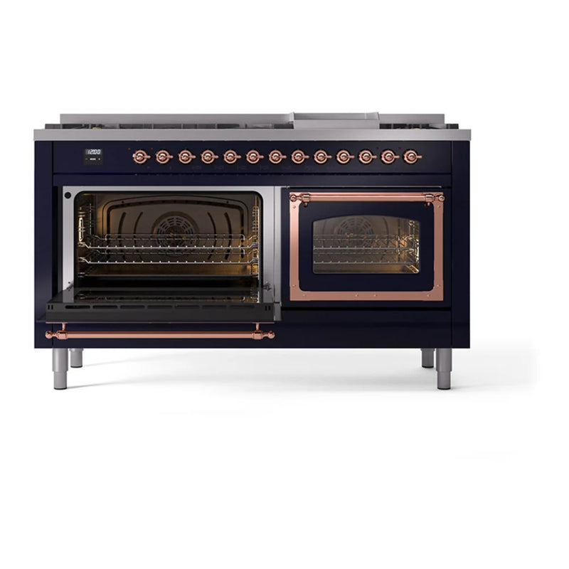 ILVE Nostalgie II Noblesse 60" Dual Fuel Freestanding Range in Midnight Blue with Copper Trim, UN60FNMPMBPLP
