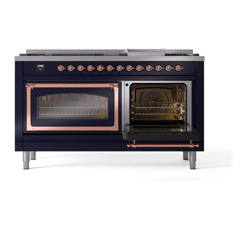 ILVE Nostalgie II Noblesse 60" Dual Fuel Freestanding Range in Midnight Blue with Copper Trim, UN60FNMPMBPLP