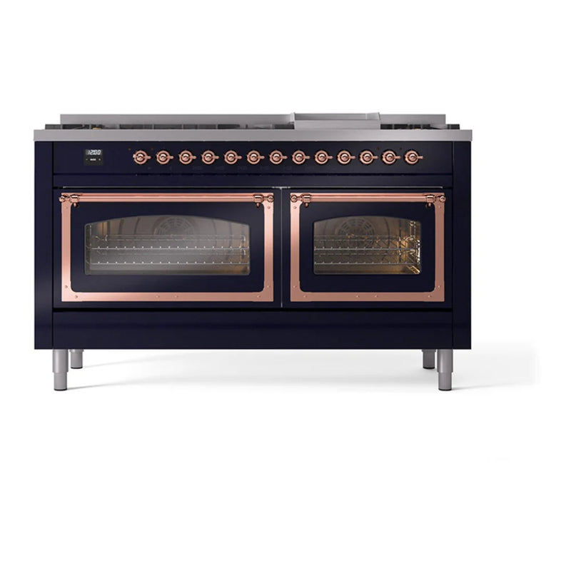 ILVE Nostalgie II Noblesse 60" Dual Fuel Freestanding Range in Midnight Blue with Copper Trim, UN60FNMPMBPLP