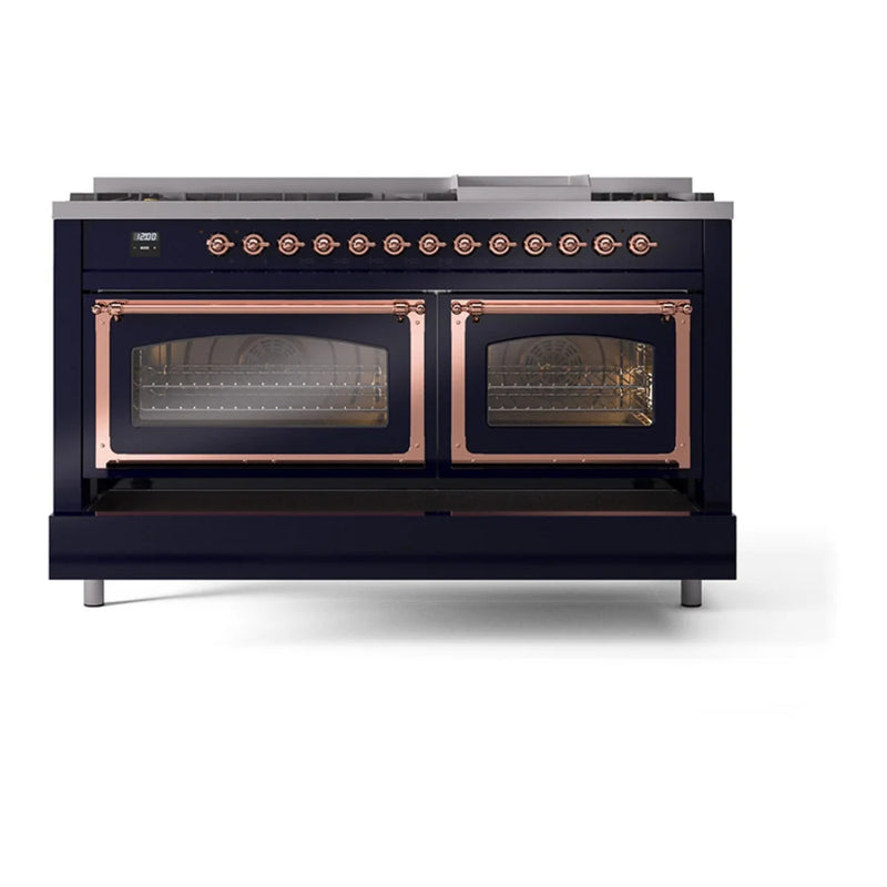 ILVE Nostalgie II Noblesse 60" Dual Fuel Freestanding Range in Midnight Blue with Copper Trim, UN60FNMPMBPLP