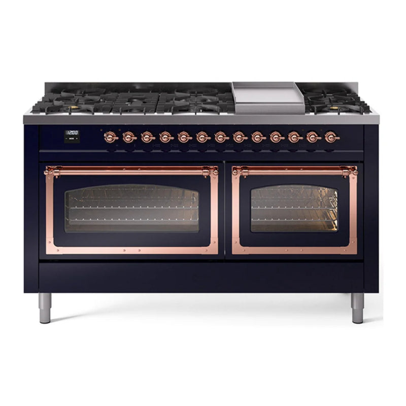 ILVE Nostalgie II Noblesse 60" Dual Fuel Freestanding Range in Midnight Blue with Copper Trim, UN60FNMPMBP