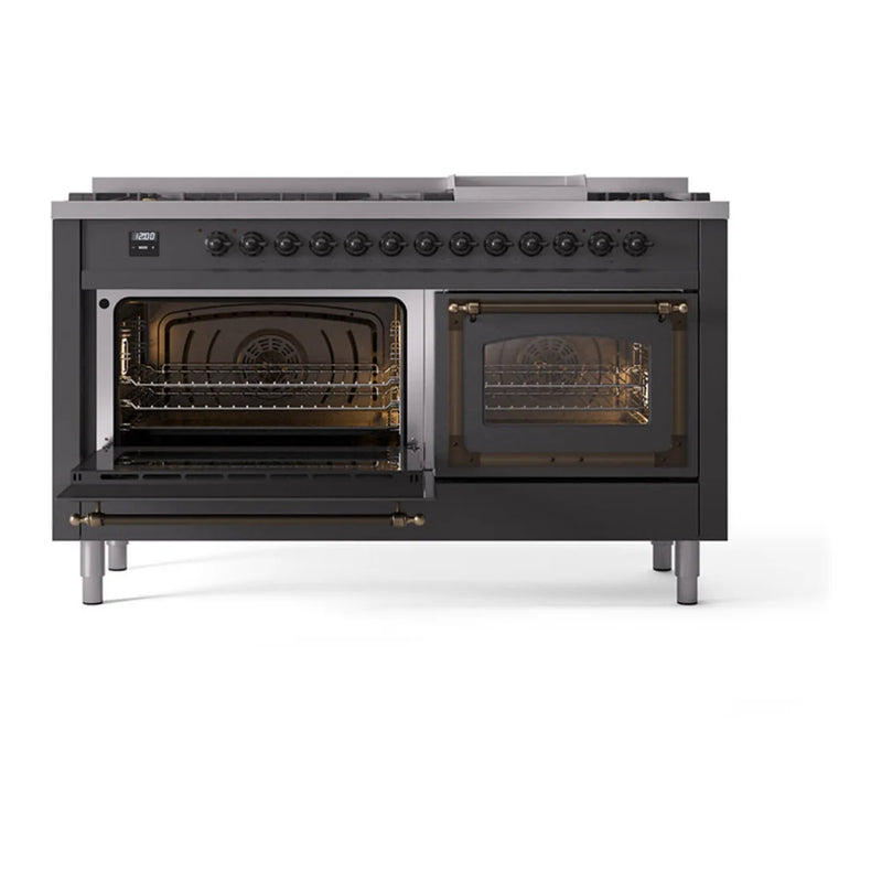 ILVE Nostalgie II Noblesse 60" Dual Fuel Freestanding Range in Graphite Matte with Burnished Trim, UN60FNMPMGBLP