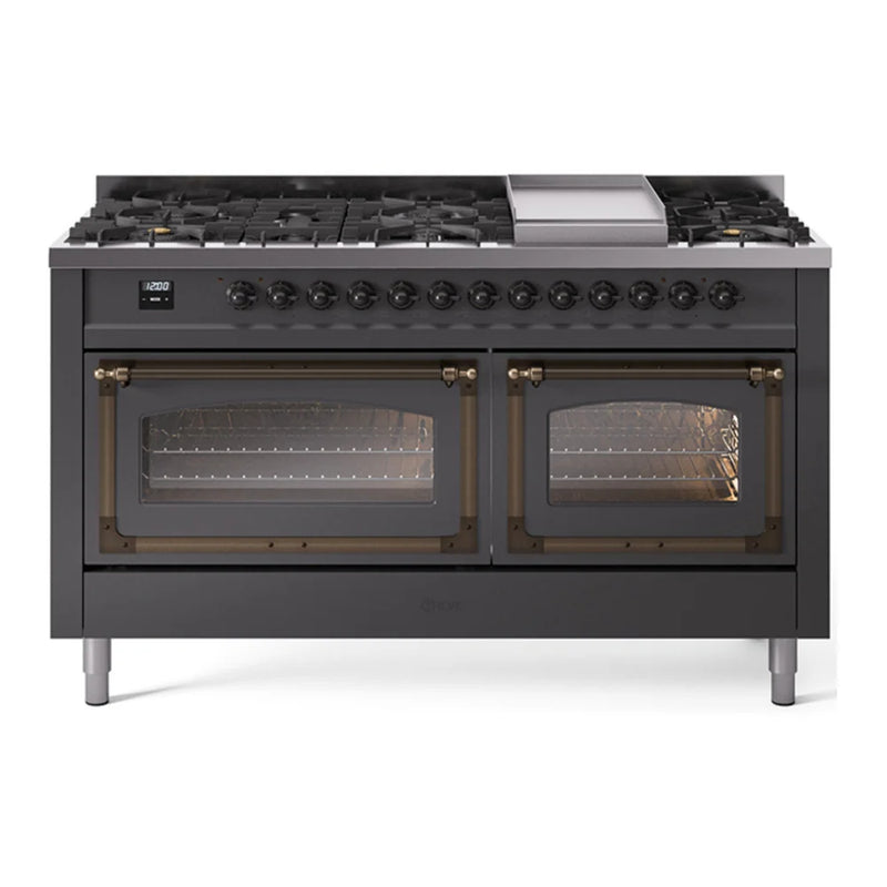 ILVE Nostalgie II Noblesse 60" Dual Fuel Freestanding Range in Graphite Matte with Burnished Trim, UN60FNMPMGB