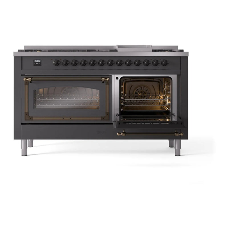 ILVE Nostalgie II Noblesse 60" Dual Fuel Freestanding Range in Graphite Matte with Burnished Trim, UN60FNMPMGB