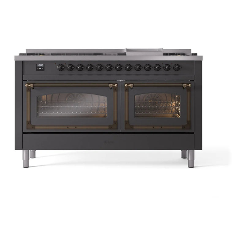 ILVE Nostalgie II Noblesse 60" Dual Fuel Freestanding Range in Graphite Matte with Burnished Trim, UN60FNMPMGB