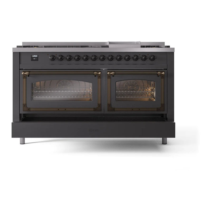 ILVE Nostalgie II Noblesse 60" Dual Fuel Freestanding Range in Graphite Matte with Burnished Trim, UN60FNMPMGB
