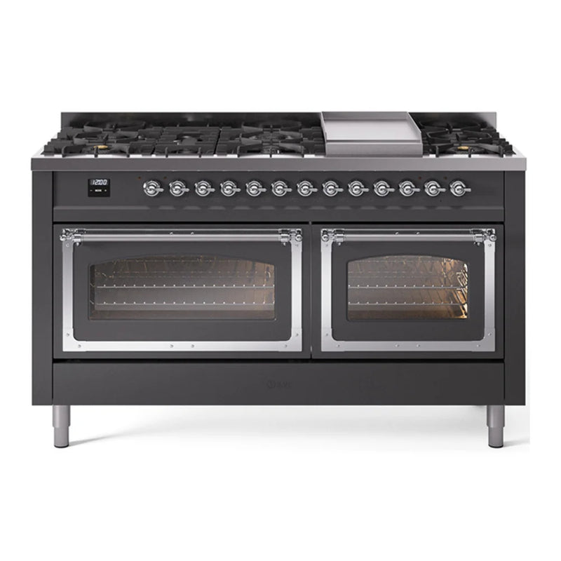 ILVE Nostalgie II Noblesse 60" Dual Fuel Freestanding Range in Graphite Matte with Chrome Trim, UN60FNMPMGCLP