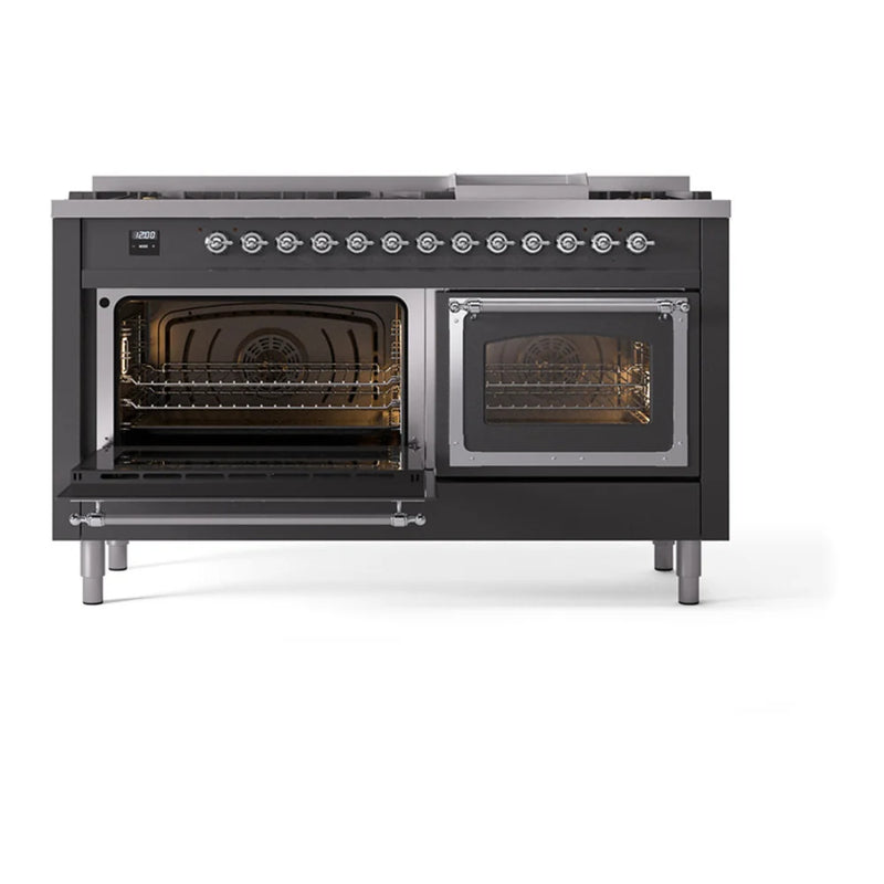 ILVE Nostalgie II Noblesse 60" Dual Fuel Freestanding Range in Graphite Matte with Chrome Trim, UN60FNMPMGCLP