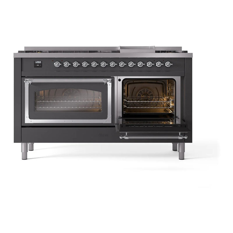 ILVE Nostalgie II Noblesse 60" Dual Fuel Freestanding Range in Graphite Matte with Chrome Trim, UN60FNMPMGCLP