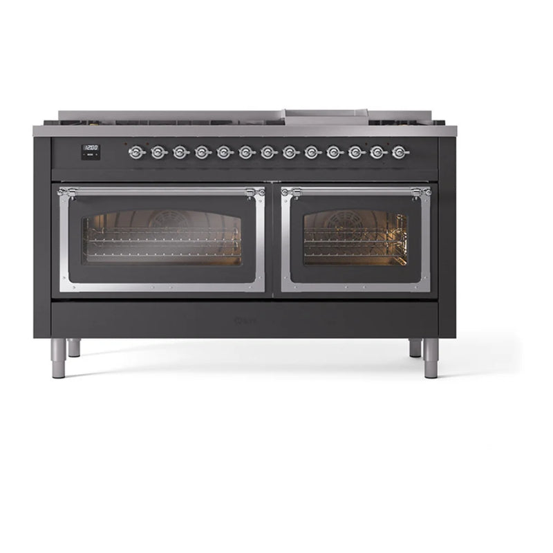 ILVE Nostalgie II Noblesse 60" Dual Fuel Freestanding Range in Graphite Matte with Chrome Trim, UN60FNMPMGCLP