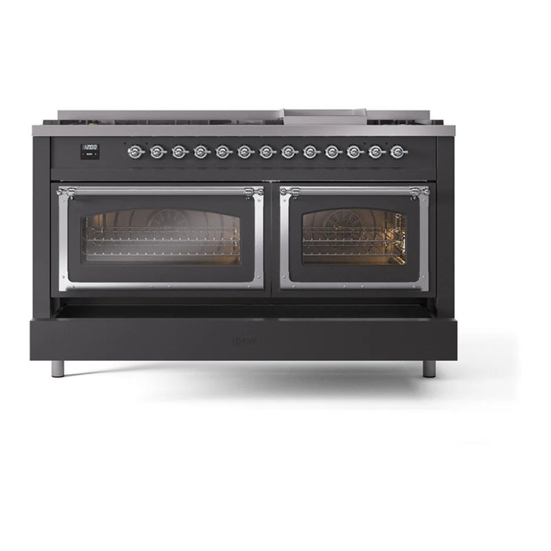 ILVE Nostalgie II Noblesse 60" Dual Fuel Freestanding Range in Graphite Matte with Chrome Trim, UN60FNMPMGCLP