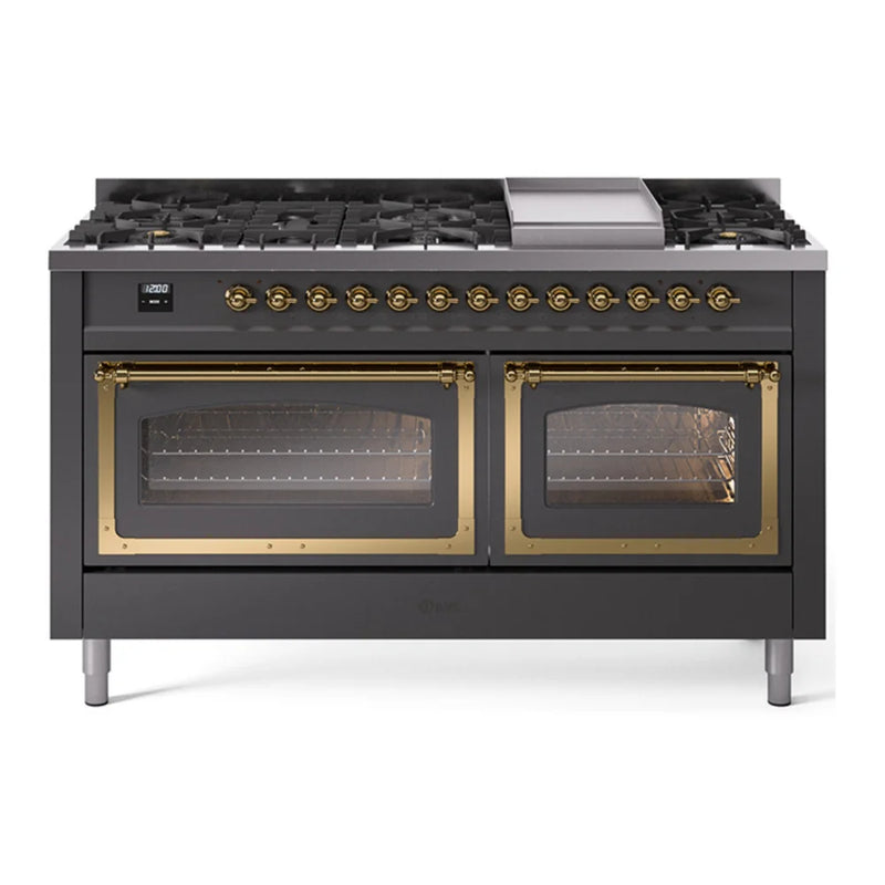ILVE Nostalgie II Noblesse 60" Dual Fuel Freestanding Range in Graphite Matte with Brass Trim, UN60FNMPMGGLP