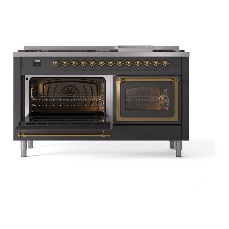 ILVE Nostalgie II Noblesse 60" Dual Fuel Freestanding Range in Graphite Matte with Brass Trim, UN60FNMPMGGLP