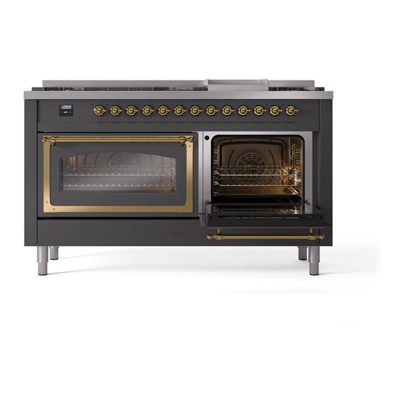 ILVE Nostalgie II Noblesse 60" Dual Fuel Freestanding Range in Graphite Matte with Brass Trim, UN60FNMPMGGLP