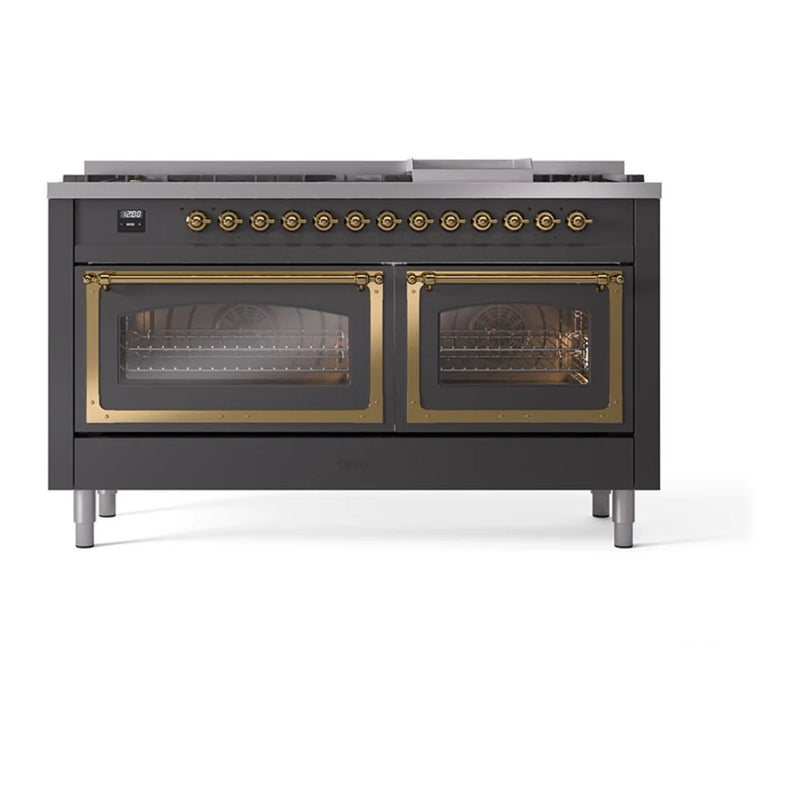 ILVE Nostalgie II Noblesse 60" Dual Fuel Freestanding Range in Graphite Matte with Brass Trim, UN60FNMPMGGLP
