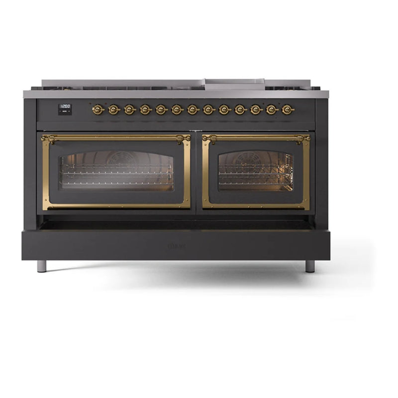 ILVE Nostalgie II Noblesse 60" Dual Fuel Freestanding Range in Graphite Matte with Brass Trim, UN60FNMPMGGLP