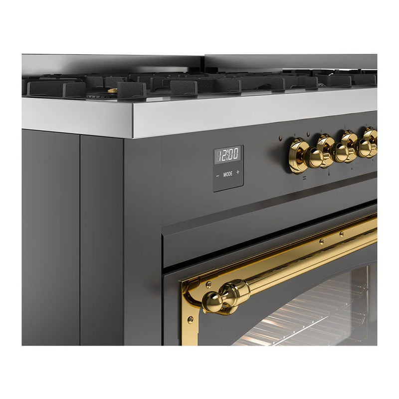ILVE Nostalgie II Noblesse 60" Dual Fuel Freestanding Range in Graphite Matte with Brass Trim, UN60FNMPMGGLP