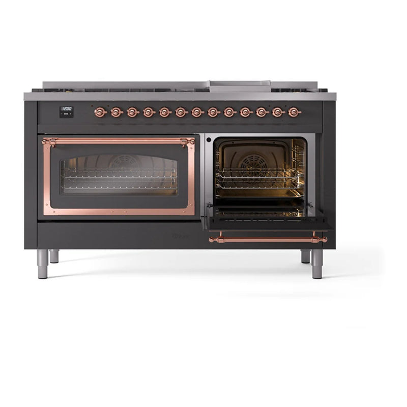 ILVE Nostalgie II Noblesse 60" Dual Fuel Freestanding Range in Graphite Matte with Copper Trim, UN60FNMPMGP