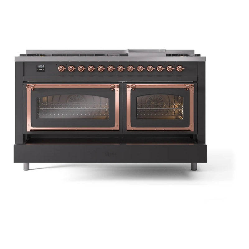 ILVE Nostalgie II Noblesse 60" Dual Fuel Freestanding Range in Graphite Matte with Copper Trim, UN60FNMPMGP