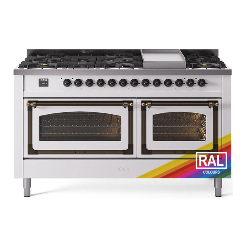 ILVE Nostalgie II Noblesse 60" Dual Fuel Freestanding Range in RAL Color with Burnished Trim, UN60FNMPRABLP