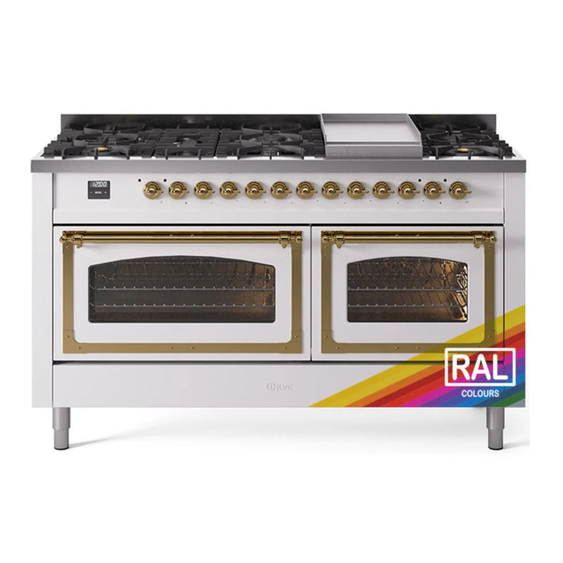 ILVE Nostalgie II Noblesse 60" Dual Fuel Freestanding Range in RAL Color with Brass Trim, UN60FNMPRAG
